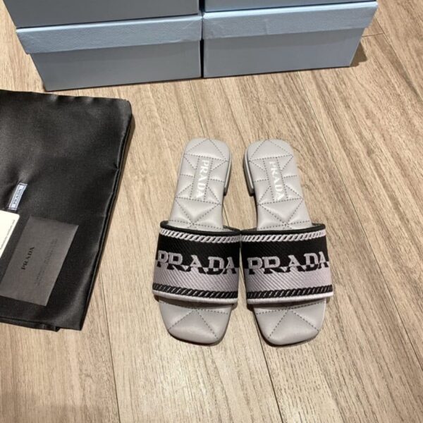 Prada Embroidered Fabric Slides Black/Grey For Women 0.4in/10mm PRD 1XX612_3LKB_F0EHZ_F_B010