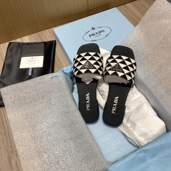 Prada Embroidered Fabric Slides Black/White For Women 0.4in/10mm PRD