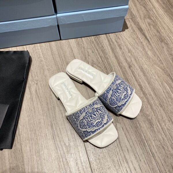 Prada Embroidered Fabric Slides Blue For Women 0.4in/10mm PRD