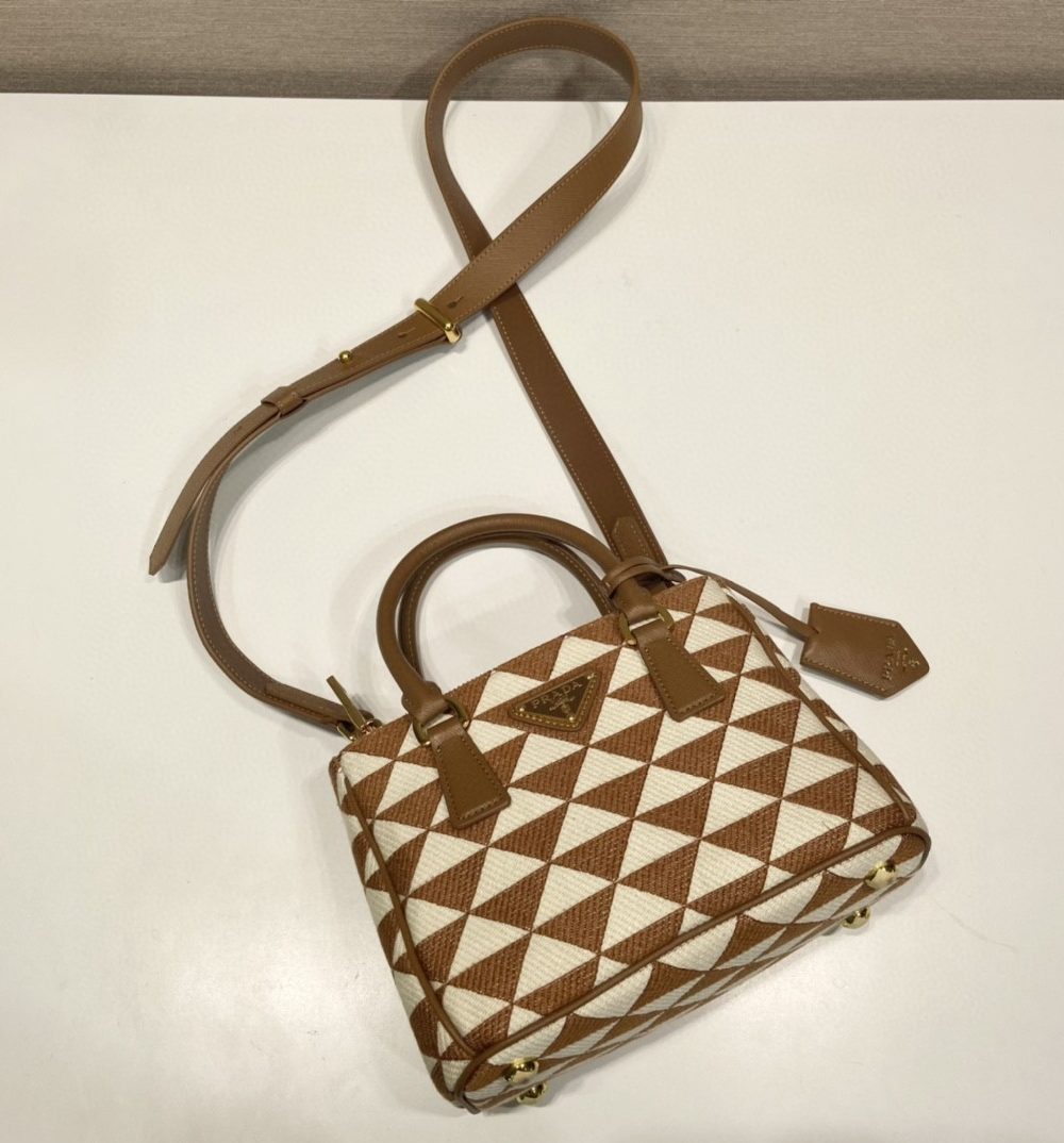 Prada Galleria Embroidered Jacquard Fabric Micro-Bag Brown/White For Women, Women's Bags 7.9in/20cm 1BA906_2FKL_F0I0U_V_XOM