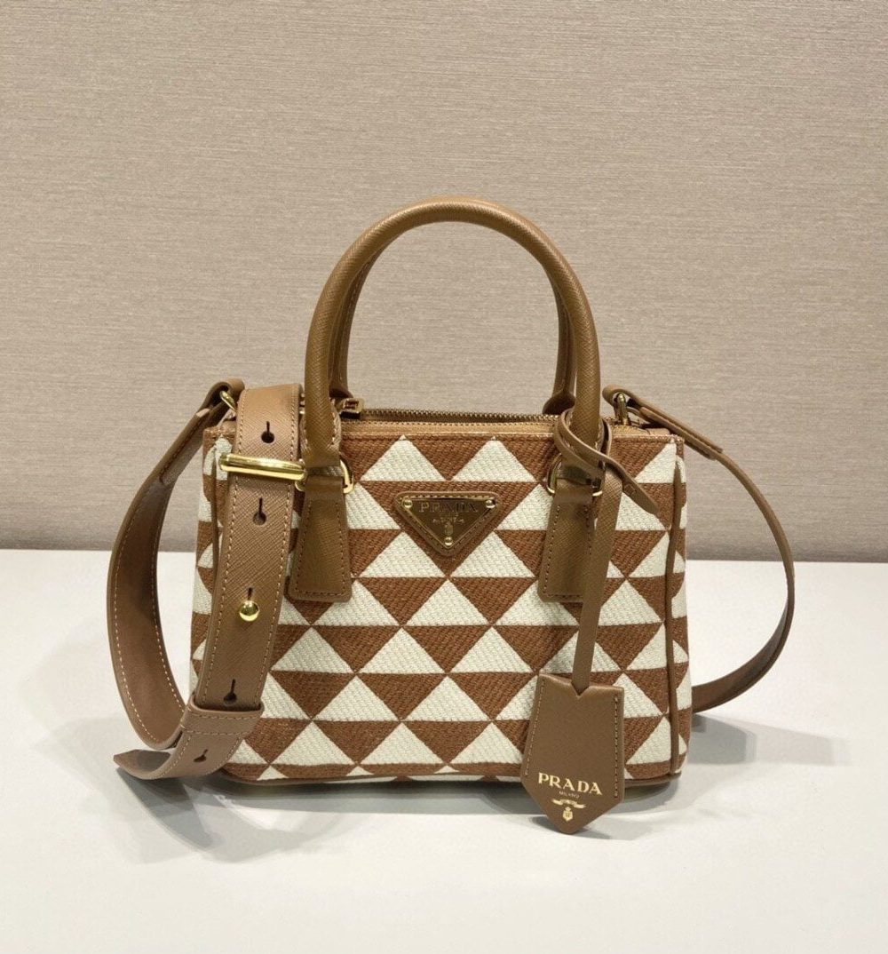 Prada Galleria Embroidered Jacquard Fabric Micro-Bag Brown/White For Women, Women's Bags 7.9in/20cm 1BA906_2FKL_F0I0U_V_XOM