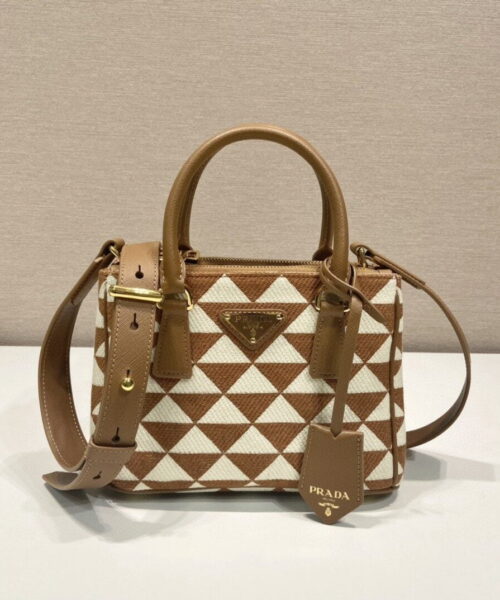 Prada Galleria Embroidered Jacquard Fabric Micro-Bag Brown/White For Women, Women's Bags 7.9in/20cm 1BA906_2FKL_F0I0U_V_XOM