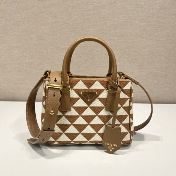 Prada Galleria Embroidered Jacquard Fabric Micro-Bag Brown/White For Women, Women's Bags 7.9in/20cm 1BA906_2FKL_F0I0U_V_XOM