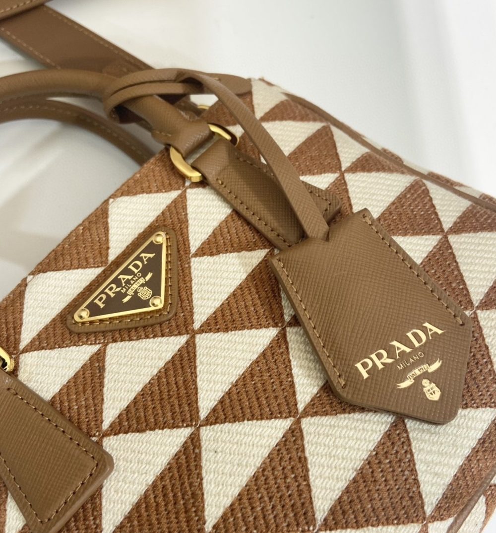 Prada Galleria Embroidered Jacquard Fabric Micro-Bag Brown/White For Women, Women's Bags 7.9in/20cm 1BA906_2FKL_F0I0U_V_XOM
