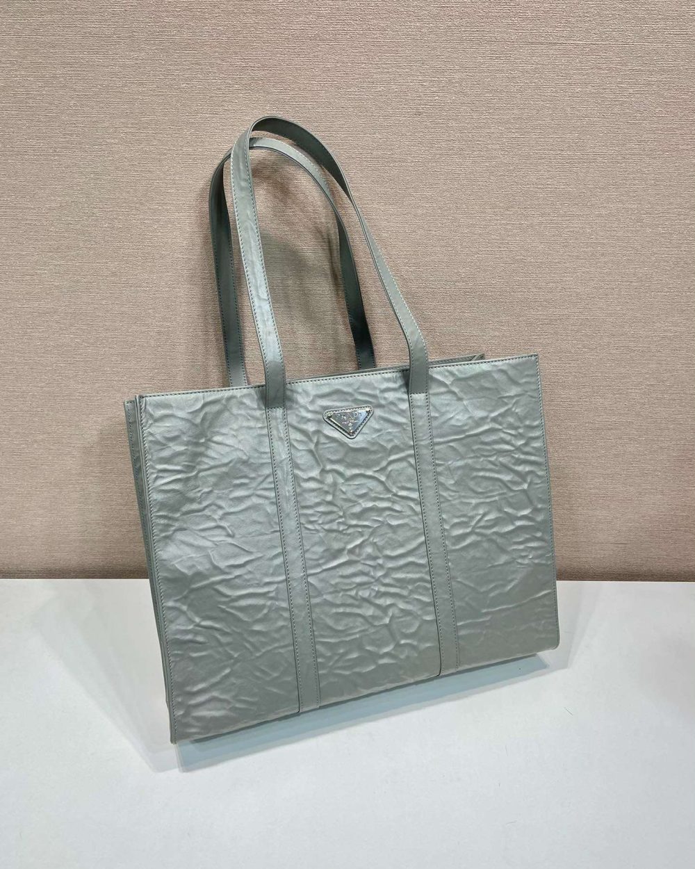 Prada Large Antique Nappa Tote Grey/Green For Women 15.3in/39cm 1BG460_UVL_F0480_V_OOO