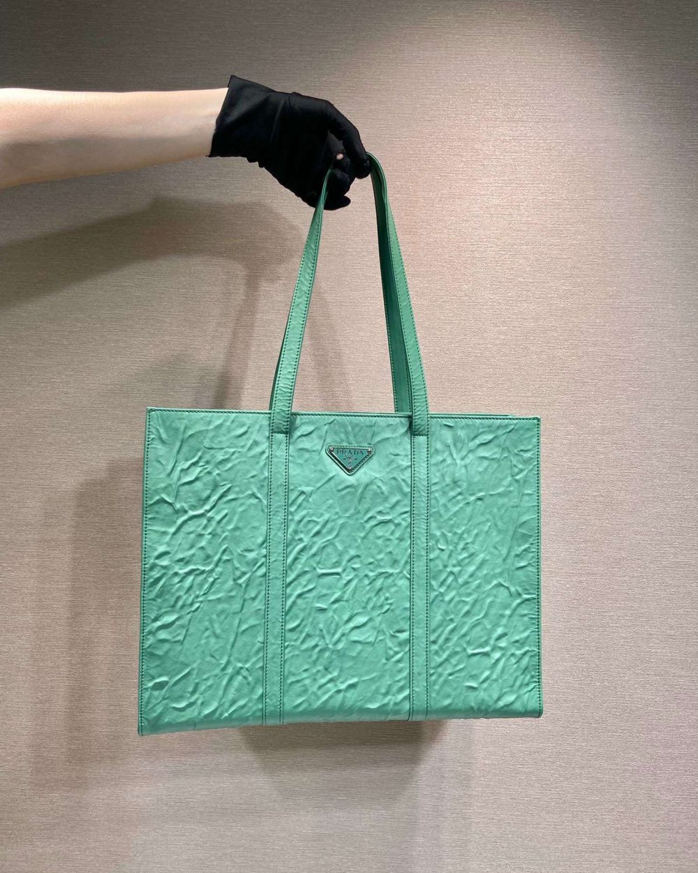 Prada Large Antique Nappa Tote Grey/Green For Women 15.3in/39cm 1BG460_UVL_F0480_V_OOO
