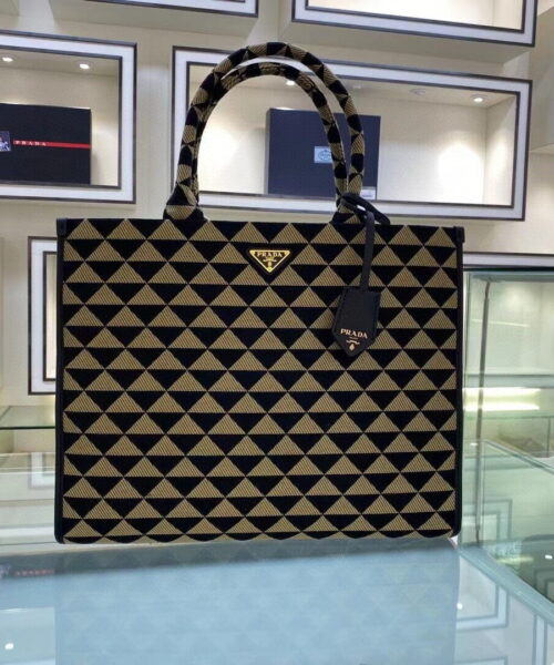 Prada Large Symbole Jacquard Fabric Handbag Black/Beige For Women, Women's Bags 15.3in/39cm 1BA356_2FKL_F0Y30_V_OOO