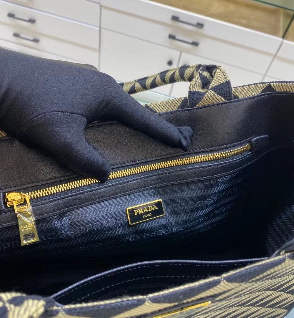 Prada Large Symbole Jacquard Fabric Handbag Black/Beige For Women, Women's Bags 15.3in/39cm 1BA356_2FKL_F0Y30_V_OOO