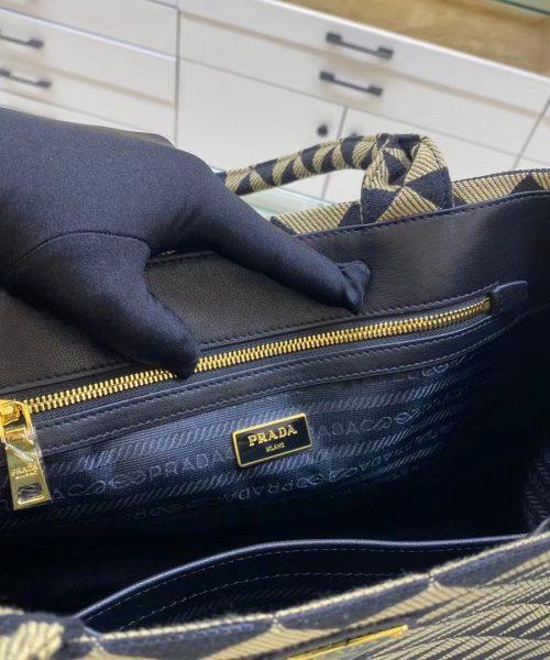 Prada Large Symbole Jacquard Fabric Handbag Black/Beige For Women, Women's Bags 15.3in/39cm 1BA356_2FKL_F0Y30_V_OOO