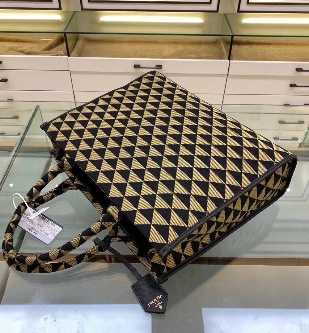 Prada Large Symbole Jacquard Fabric Handbag Black/Beige For Women, Women's Bags 15.3in/39cm 1BA356_2FKL_F0Y30_V_OOO