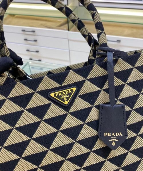 Prada Large Symbole Jacquard Fabric Handbag Black/Beige For Women, Women's Bags 15.3in/39cm 1BA356_2FKL_F0Y30_V_OOO