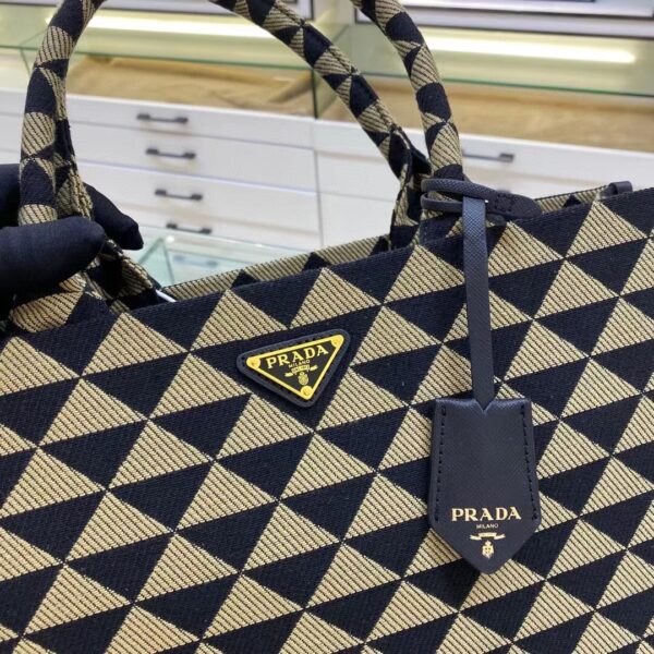 Prada Large Symbole Jacquard Fabric Handbag Black/Beige For Women, Women's Bags 15.3in/39cm 1BA356_2FKL_F0Y30_V_OOO