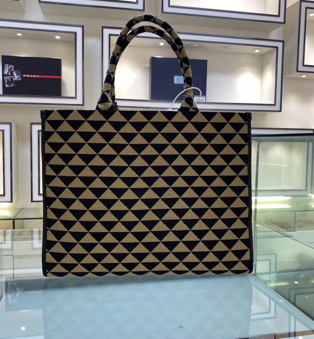 Prada Large Symbole Jacquard Fabric Handbag Black/Beige For Women, Women's Bags 15.3in/39cm 1BA356_2FKL_F0Y30_V_OOO