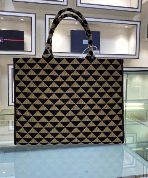 Prada Large Symbole Jacquard Fabric Handbag Black/Beige For Women, Women's Bags 15.3in/39cm 1BA356_2FKL_F0Y30_V_OOO