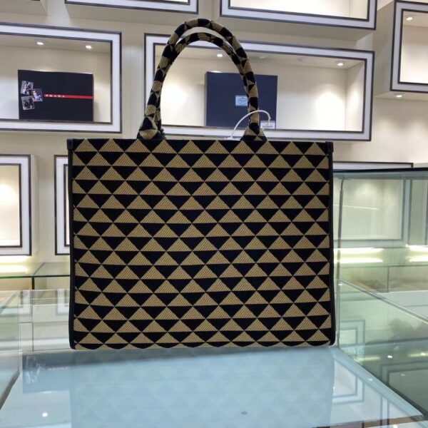 Prada Large Symbole Jacquard Fabric Handbag Black/Beige For Women, Women's Bags 15.3in/39cm 1BA356_2FKL_F0Y30_V_OOO