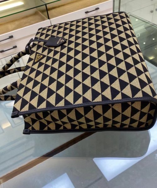 Prada Large Symbole Jacquard Fabric Handbag Black/Beige For Women, Women's Bags 15.3in/39cm 1BA356_2FKL_F0Y30_V_OOO