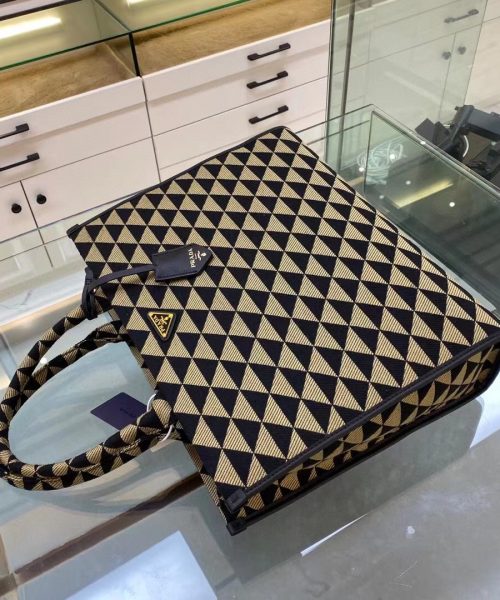 Prada Large Symbole Jacquard Fabric Handbag Black/Beige For Women, Women's Bags 15.3in/39cm 1BA356_2FKL_F0Y30_V_OOO