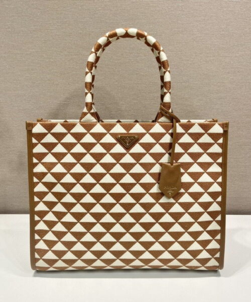 Prada Large Symbole Jacquard Fabric Handbag Brown/White For Women, Women's Bags 15.3in/39cm 1BA356_2FKL_F0I0U_V_OOO