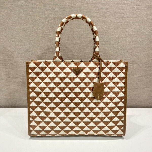 Prada Large Symbole Jacquard Fabric Handbag Brown/White For Women, Women's Bags 15.3in/39cm 1BA356_2FKL_F0I0U_V_OOO