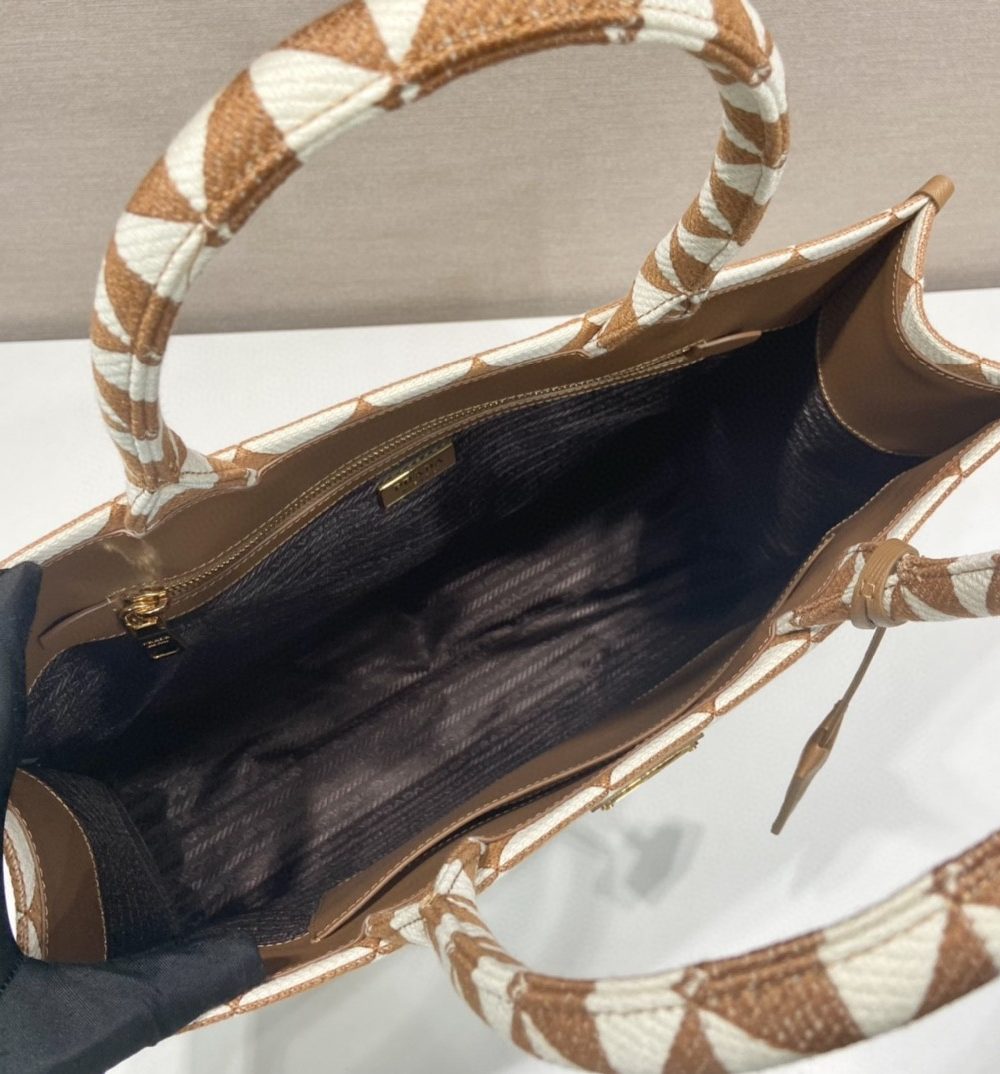 Prada Large Symbole Jacquard Fabric Handbag Brown/White For Women, Women's Bags 15.3in/39cm 1BA356_2FKL_F0I0U_V_OOO