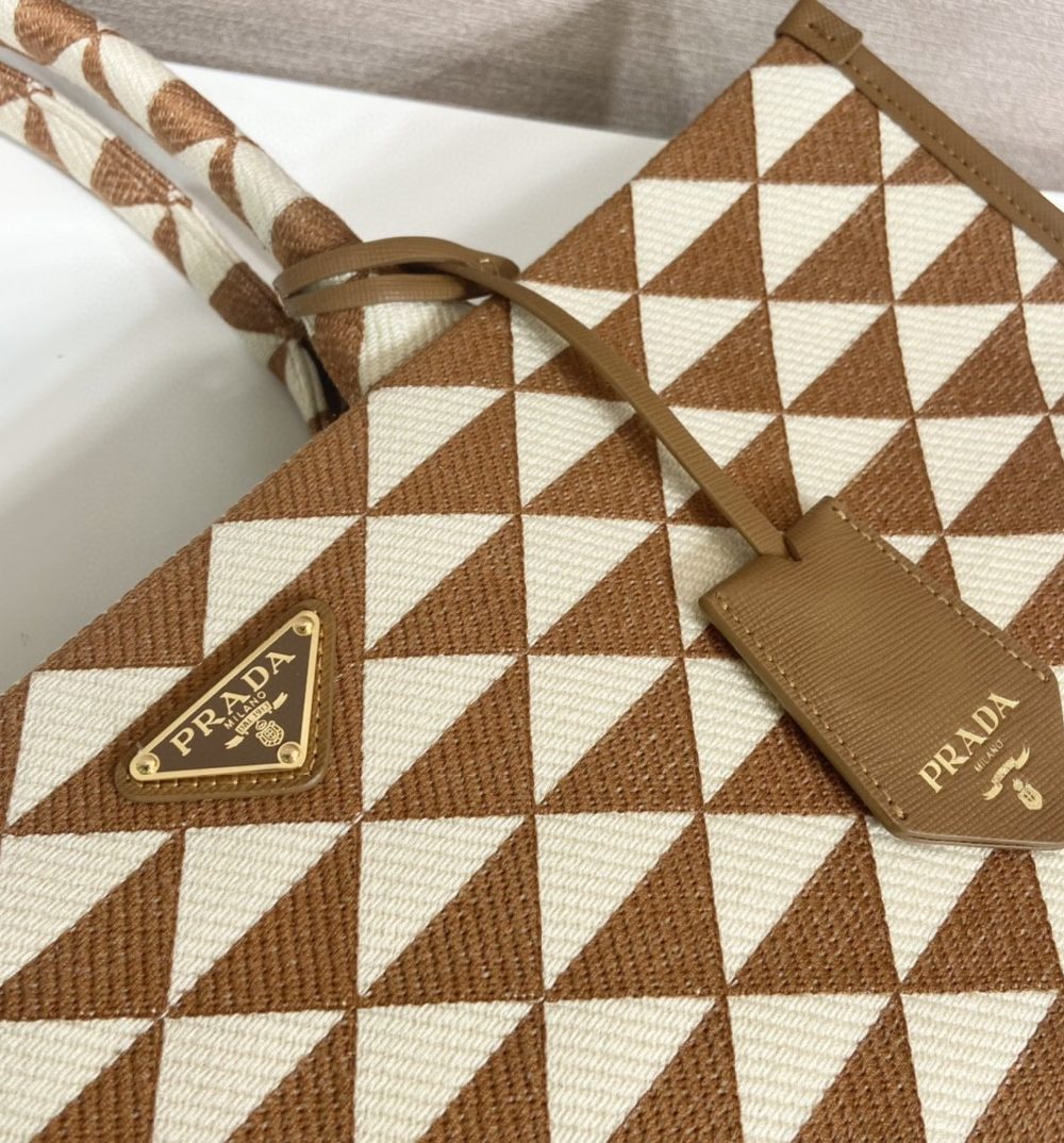 Prada Large Symbole Jacquard Fabric Handbag Brown/White For Women, Women's Bags 15.3in/39cm 1BA356_2FKL_F0I0U_V_OOO
