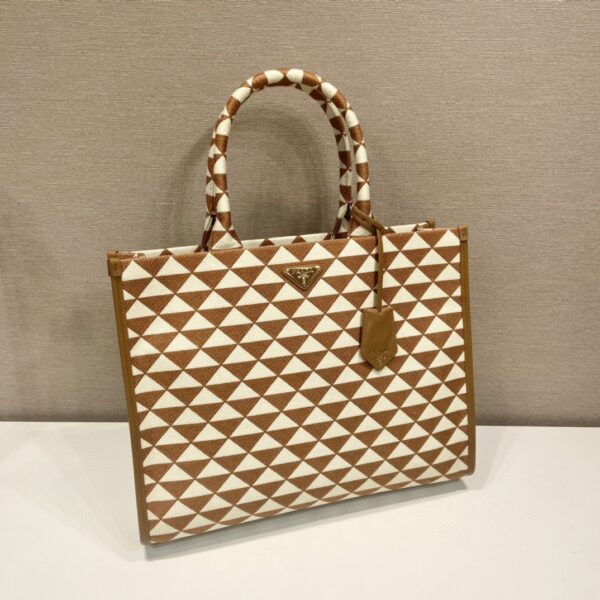 Prada Large Symbole Jacquard Fabric Handbag Brown/White For Women, Women's Bags 15.3in/39cm 1BA356_2FKL_F0I0U_V_OOO