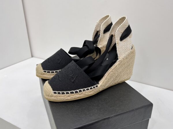 Prada Linen Espadrille Wedge Sandals Black For Women 3.5in/90mm PRD 