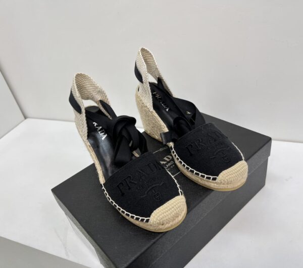 Prada Linen Espadrille Wedge Sandals Black For Women 3.5in/90mm PRD 