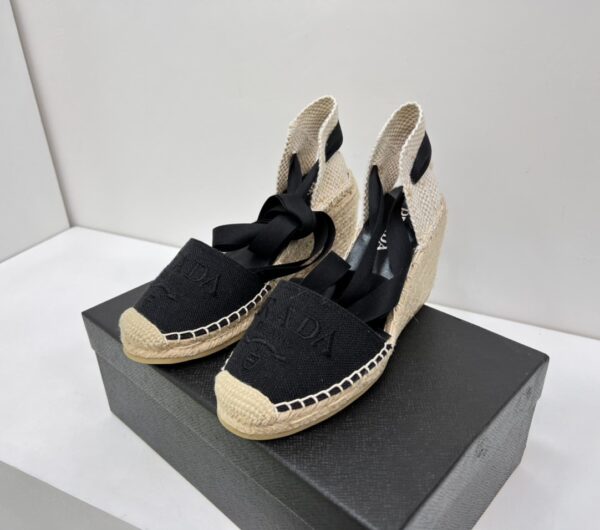 Prada Linen Espadrille Wedge Sandals Black For Women 3.5in/90mm PRD 