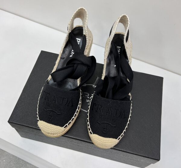 Prada Linen Espadrille Wedge Sandals Black For Women 3.5in/90mm PRD 