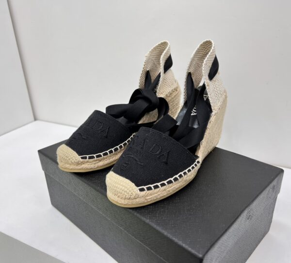 Prada Linen Espadrille Wedge Sandals Black For Women 3.5in/90mm PRD 