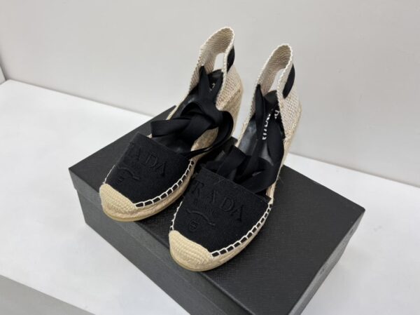 Prada Linen Espadrille Wedge Sandals Black For Women 3.5in/90mm PRD 