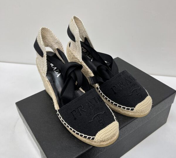 Prada Linen Espadrille Wedge Sandals Black For Women 3.5in/90mm PRD 