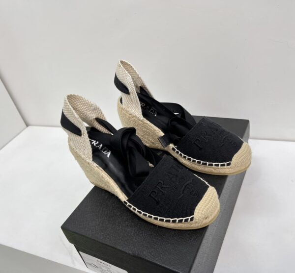 Prada Linen Espadrille Wedge Sandals Black For Women 3.5in/90mm PRD 