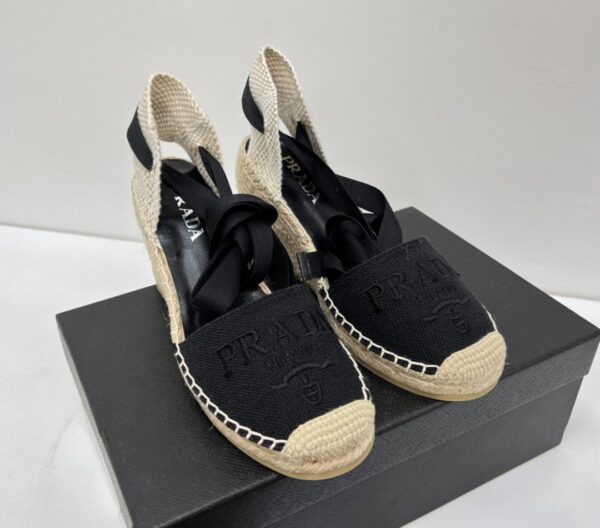Prada Linen Espadrille Wedge Sandals Black For Women 3.5in/90mm PRD 