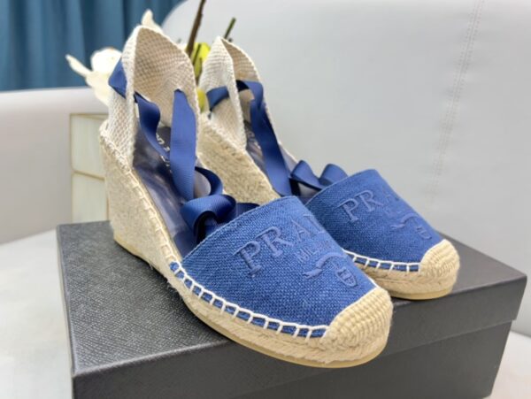 Prada Linen Espadrille Wedge Sandals Blue For Women 3.5in/90mm PRD 1IZ045_376_F0013_F_090