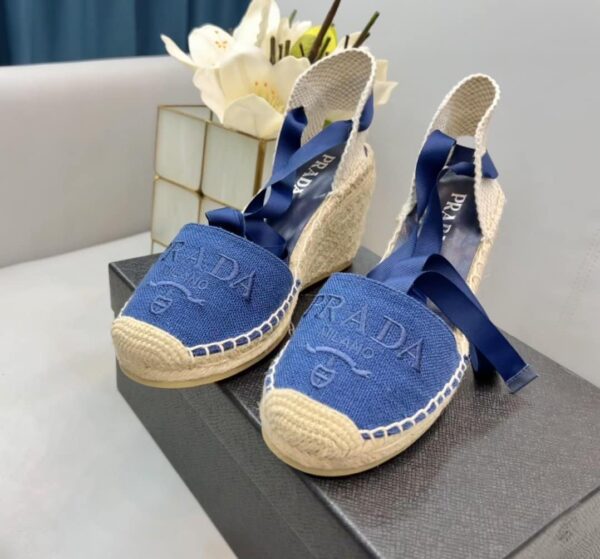 Prada Linen Espadrille Wedge Sandals Blue For Women 3.5in/90mm PRD 1IZ045_376_F0013_F_090