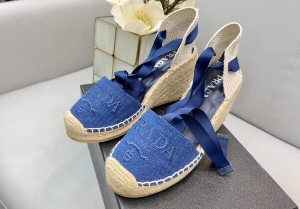 Prada Linen Espadrille Wedge Sandals Blue For Women 3.5in/90mm PRD 1IZ045_376_F0013_F_090
