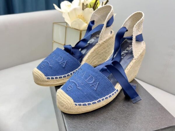 Prada Linen Espadrille Wedge Sandals Blue For Women 3.5in/90mm PRD 1IZ045_376_F0013_F_090