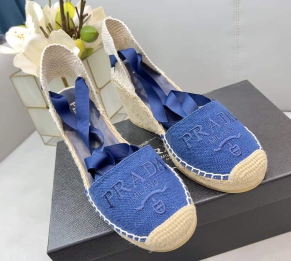 Prada Linen Espadrille Wedge Sandals Blue For Women 3.5in/90mm PRD 1IZ045_376_F0013_F_090