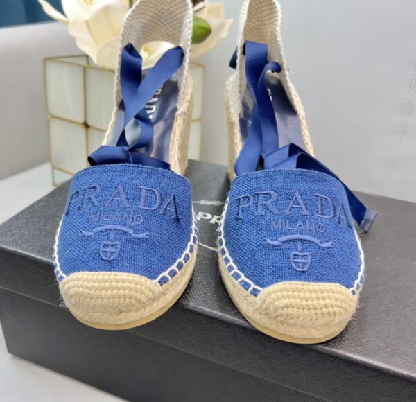 Prada Linen Espadrille Wedge Sandals Blue For Women 3.5in/90mm PRD 1IZ045_376_F0013_F_090