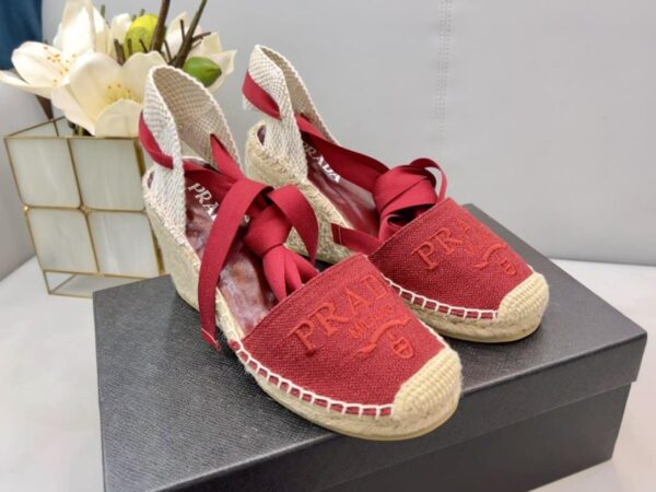 Prada Linen Espadrille Wedge Sandals Red For Women 3.5in/90mm PRD 