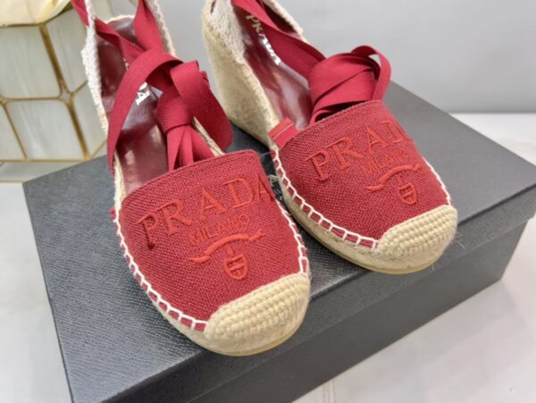 Prada Linen Espadrille Wedge Sandals Red For Women 3.5in/90mm PRD 