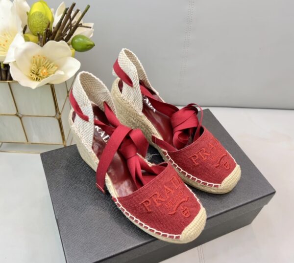 Prada Linen Espadrille Wedge Sandals Red For Women 3.5in/90mm PRD 