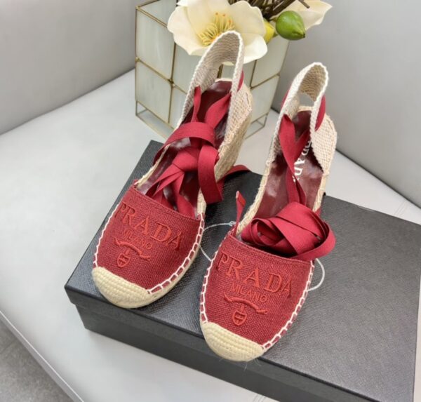 Prada Linen Espadrille Wedge Sandals Red For Women 3.5in/90mm PRD 