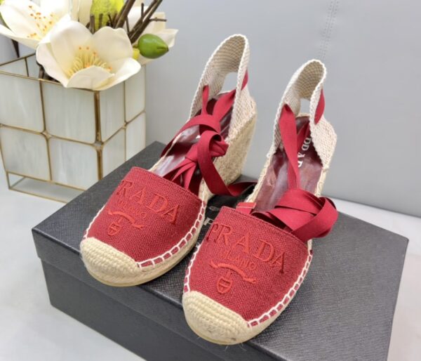 Prada Linen Espadrille Wedge Sandals Red For Women 3.5in/90mm PRD 