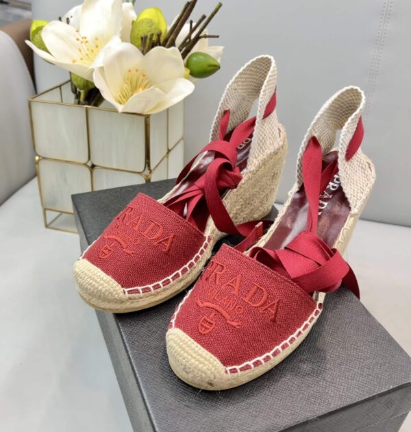 Prada Linen Espadrille Wedge Sandals Red For Women 3.5in/90mm PRD 