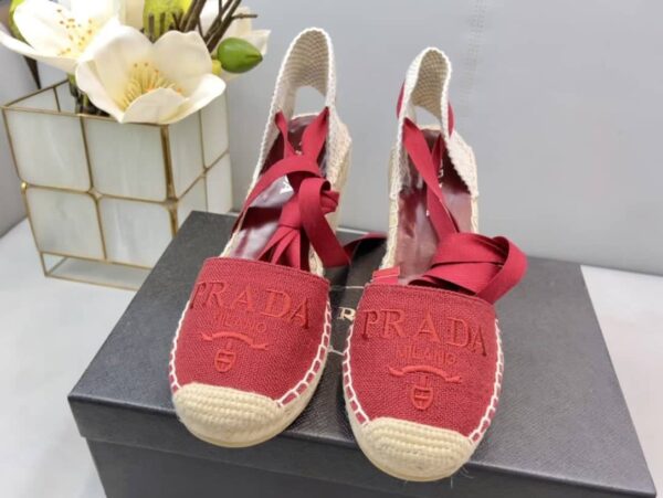 Prada Linen Espadrille Wedge Sandals Red For Women 3.5in/90mm PRD 