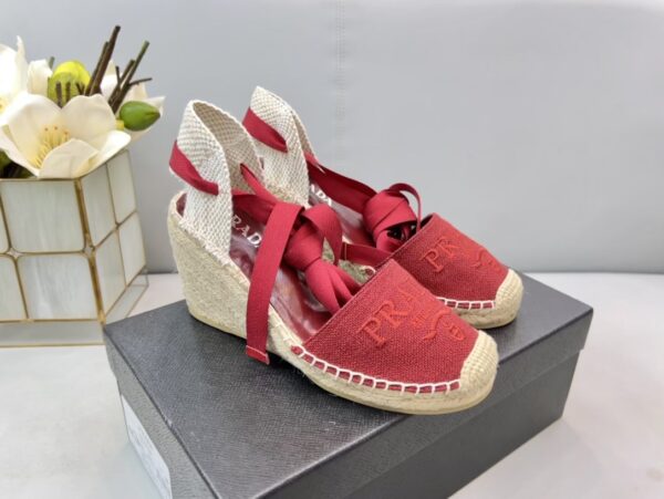 Prada Linen Espadrille Wedge Sandals Red For Women 3.5in/90mm PRD 