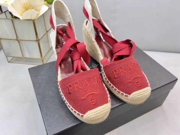 Prada Linen Espadrille Wedge Sandals Red For Women 3.5in/90mm PRD 